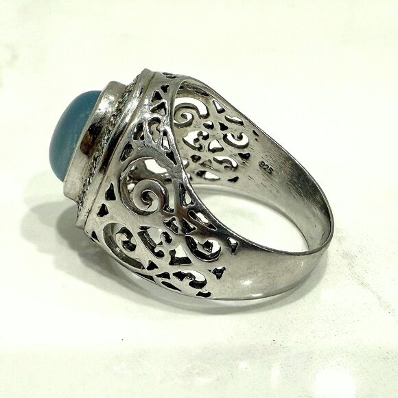 JTV 925 Sterling Silver Filagree Blue Chalcedony & Blue & White Topaz Ring Sz 8 - Picture 10 of 11